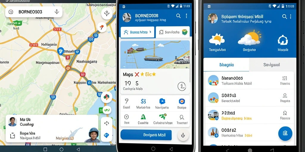 Antarmuka aplikasi BORNEO303 menunjukkan peta dan fitur Navigasi Mobil.