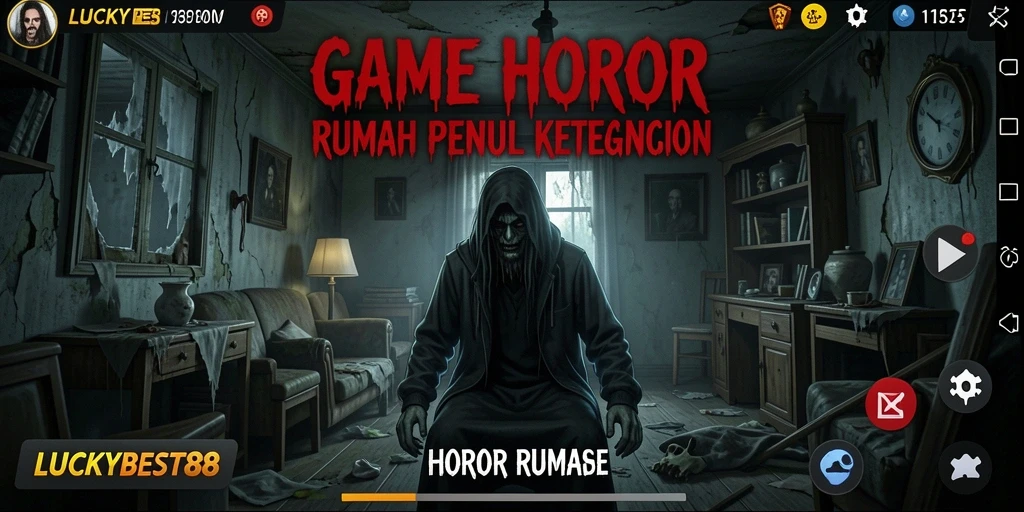 Antarmuka permainan LUCKYBEST88 yang menampilkan suasana rumah angker yang menyeramkan.